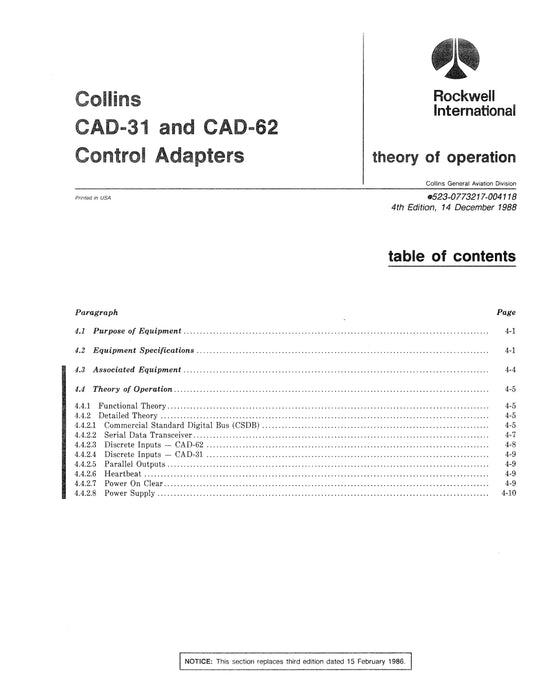 Collins CAD-31 & CAD-62 Control Adapters Instruction Book (Repair Manual) 523-0773216-00411A