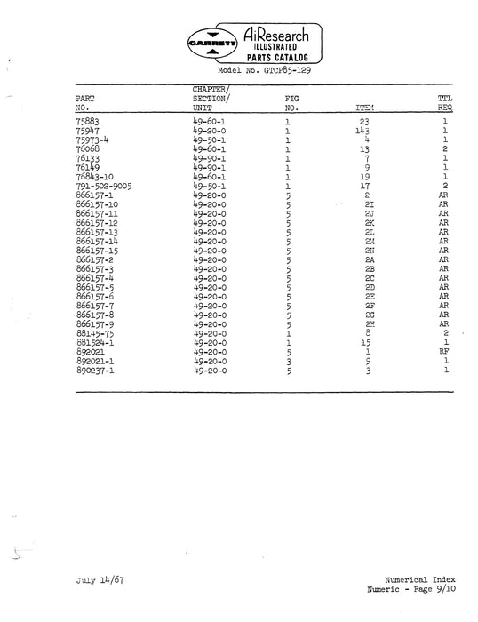 Garrett GTCP85-129 Pneumatic and Shaft Power Gas Turbine Engine Illustrated Parts Catalog