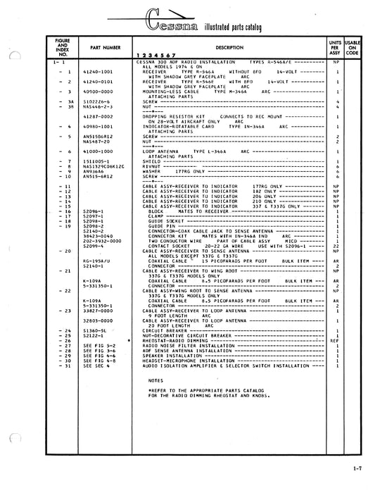 Cessna Avionics Installations for 177RG, 182, 206, 210 & 337 Models 1974 & 1975 Service/Parts Manuals D4540-13