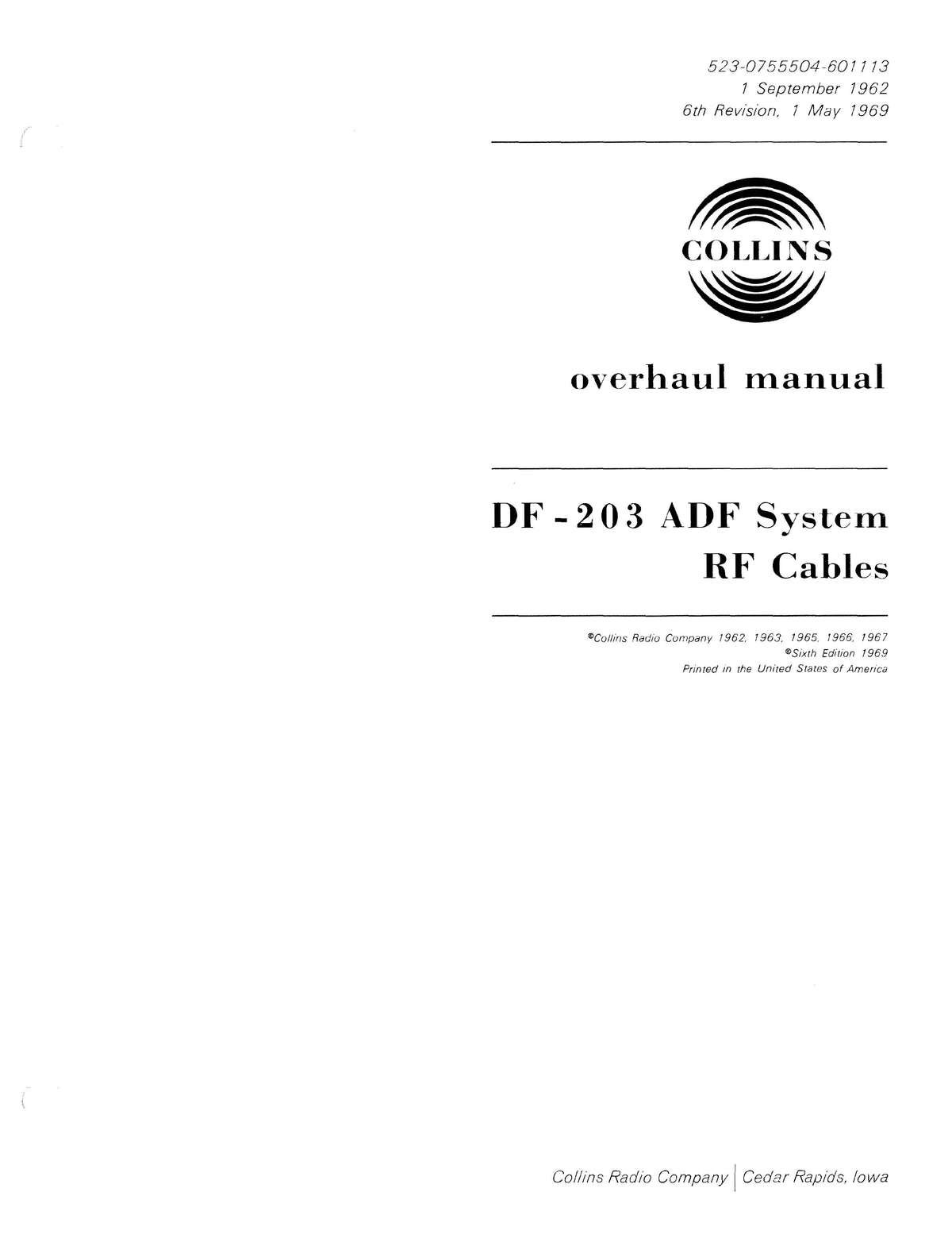Collins DF-203 ADF System RF Cables Overhaul Manual 523-0755504-601113 ...