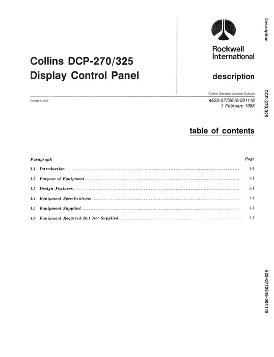 Collins DCP-270/325 Display Control Panel Instruction Book 523-0772615-00111A