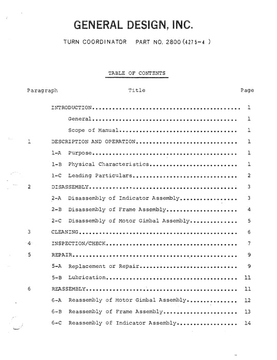 General Design Turn Coordinator Part No 2800 (4275-4) Overhaul Manual