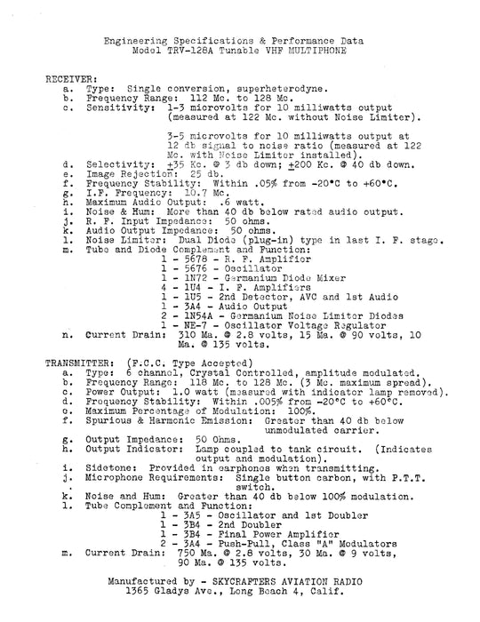 Skycrafters Inc VHF Multiphone Model TRV-128A Instruction Manual