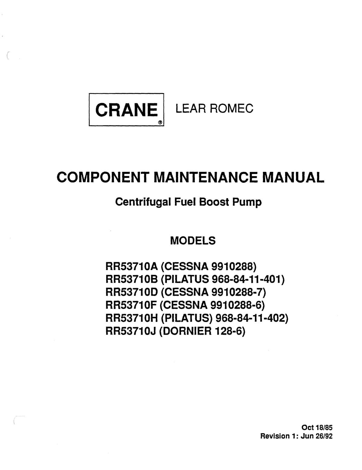 Lear Romec Centrifugal Fuel Boost Pump RR53710A, B, D, F, H, J Compone