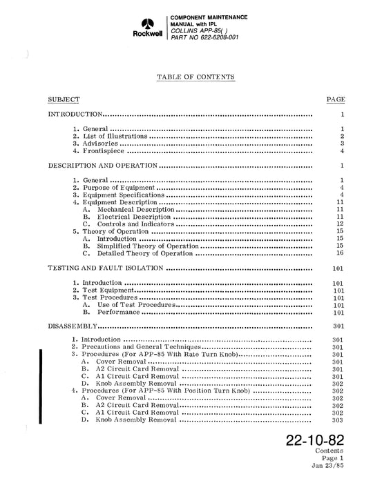 Collins APP-85( ) Autopilot Panel Component Maintenance Manual with Illustrated Parts 523-0772470-101113