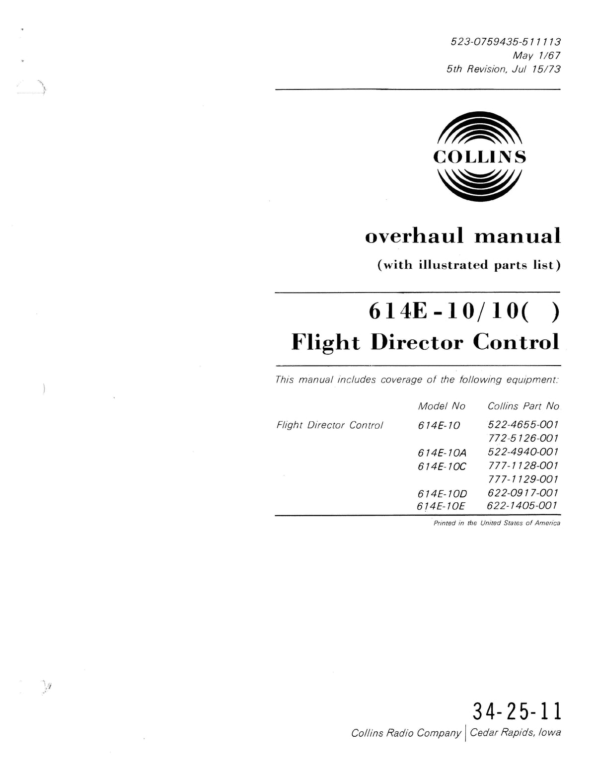 Collins 614E-10/10( ) Flight Director Control Overhaul Manual with Par ...