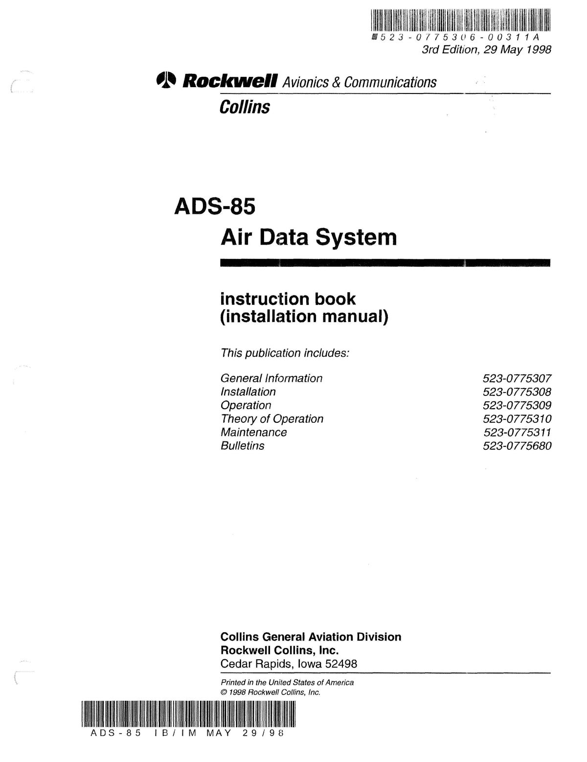 Collins Engine Data Collins ADS-85 Air Data System Installation Manual 523-0775306-00311A ...