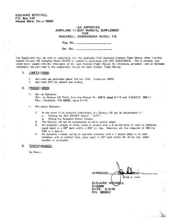 Edo-Aire Mitchell AK573 Century IIB Autopilot Bulletin No. 697 Installation Manual