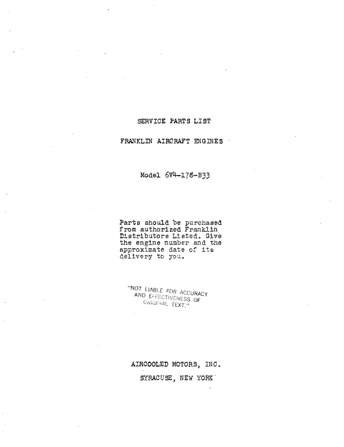 Franklin Aircraft Engines 6V4-178-B33 Service Parts List Not Illustrat ...