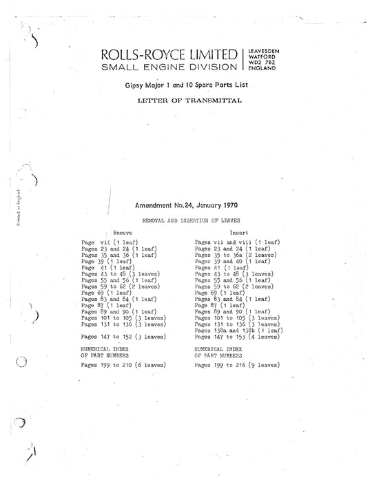 Rolls Royce Gipsy Major 1 and 10 Spare Parts Catalog