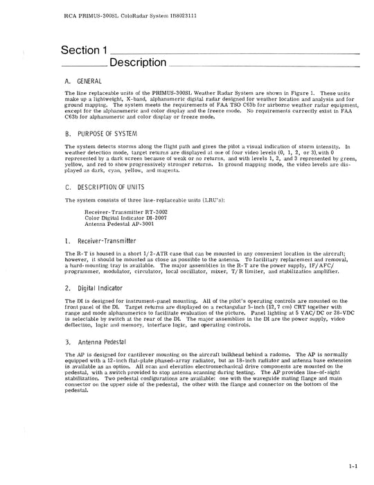 RCA - Primus - Honeywell - Sperry Primus 300SL Color Radar System Description & Installation Manual (IB8023111)