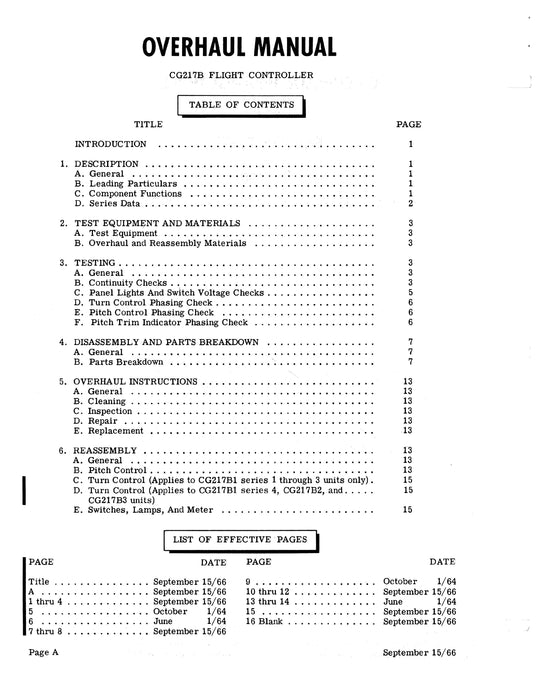 Beechcraft H-14 Autopilot CG217B1, B2, B3 Flight Controller Overhaul Instructions 92-30104B