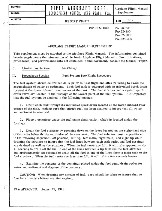 Piper PA28-235, PA32-260, -300, PA32S-300 Flight Manual Supplement Report VB-357