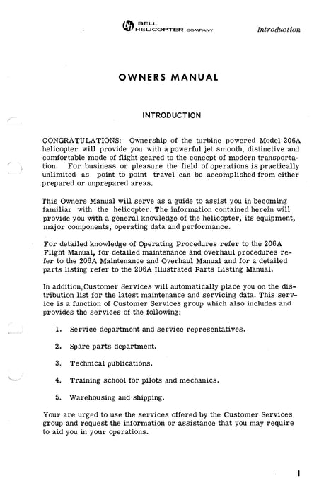 Bell JetRanger Model 206A Owners Manual