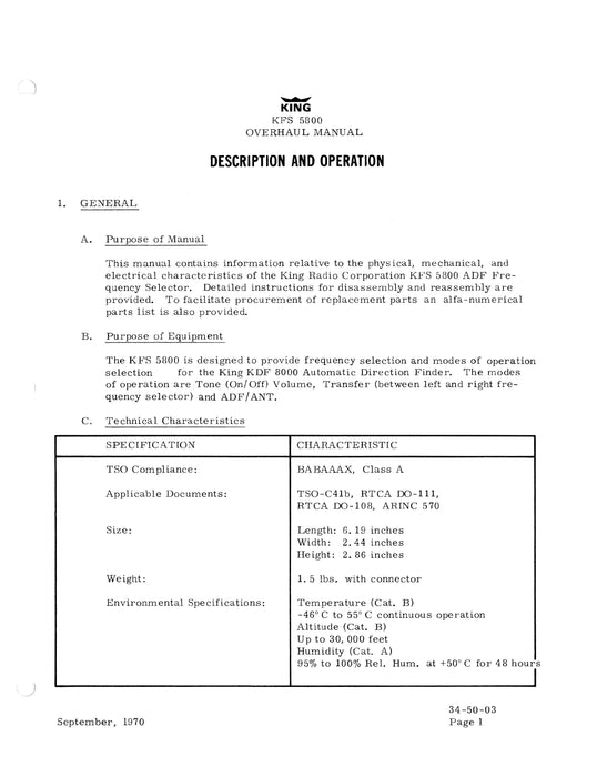 King KFS5800 ADF Frequency Selector Overhaul Manual 006-5048-00