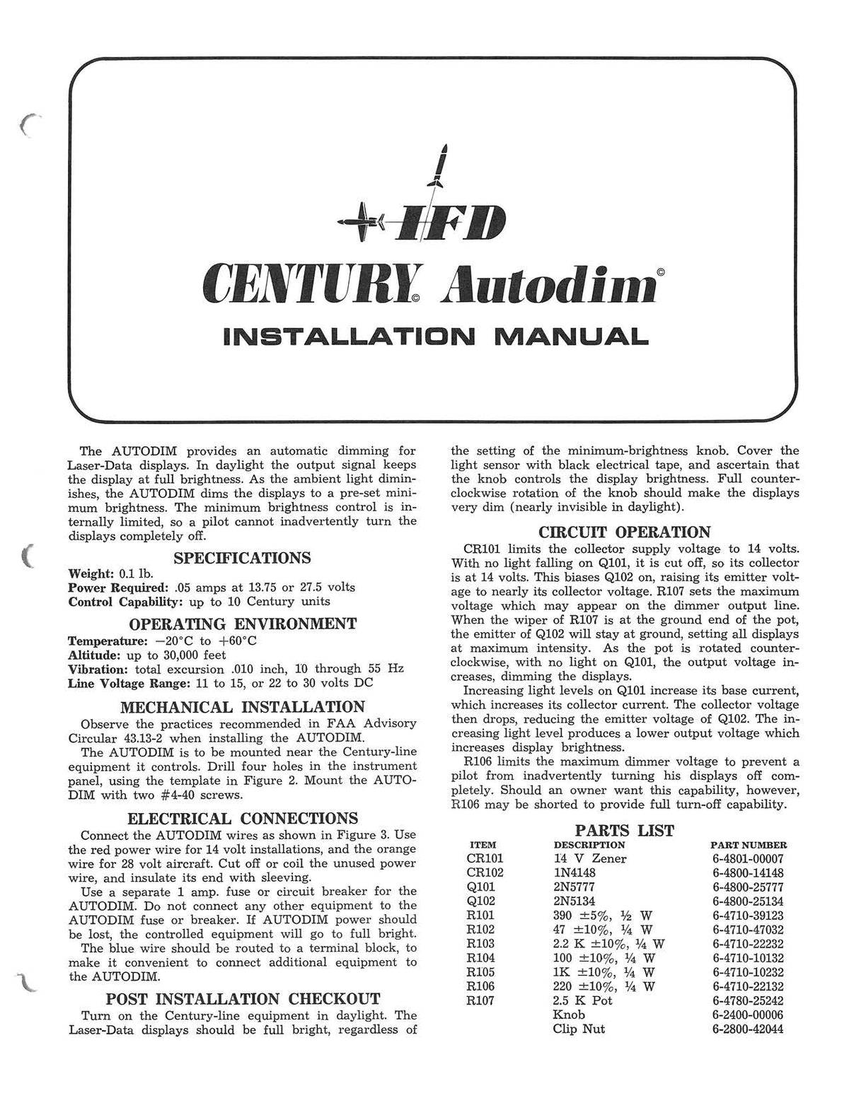IFD Century Autodim Installation Manual — Essco Aircraft