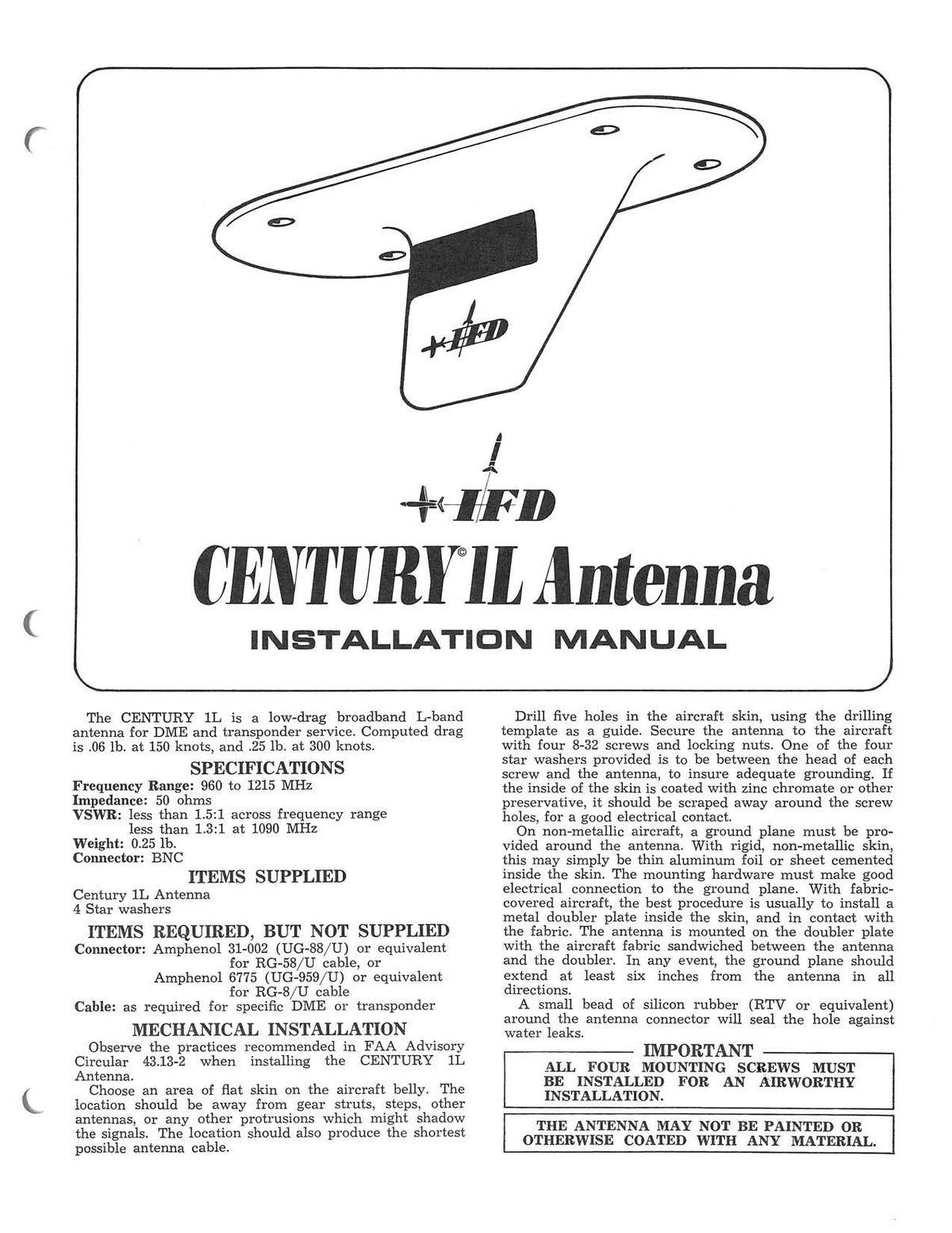 IFD Century Antenna 1L Installation Manual — Essco Aircraft