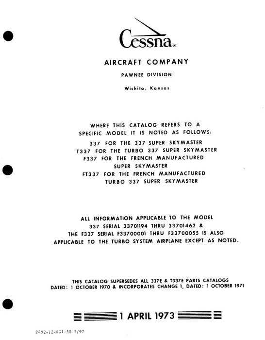 Cessna 337 Super Skymaster Illustrated Parts Catalog (1970–1972) P492-12