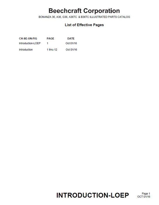 Beech Bonanza 36/A36/G36/A36TC/B36TC Illustrated Parts Catalog (36-590001-1)