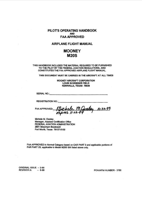 Mooney M20S 1999 Pilot's Operating Handbook (part# 3700)