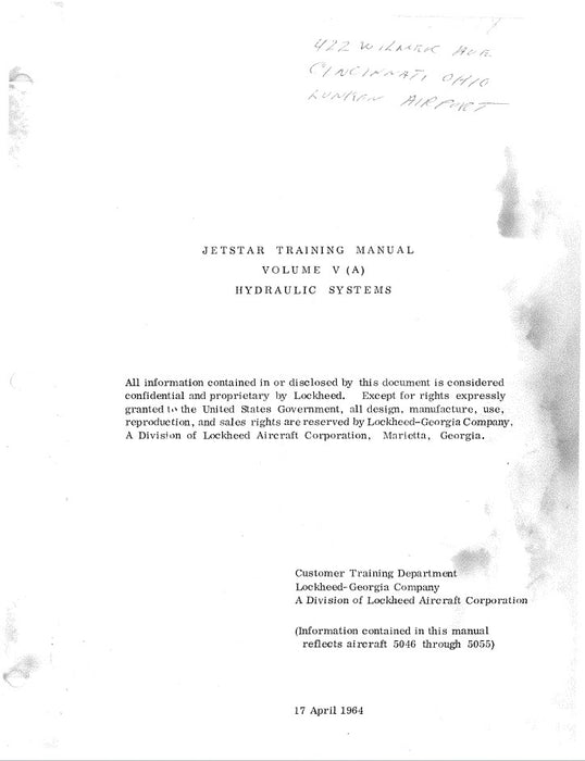 Lockheed Jetstar Training Manual Volume 5A Hydraulic Systems A/C 5046-5055 (LHJETSTARHYD-MC)