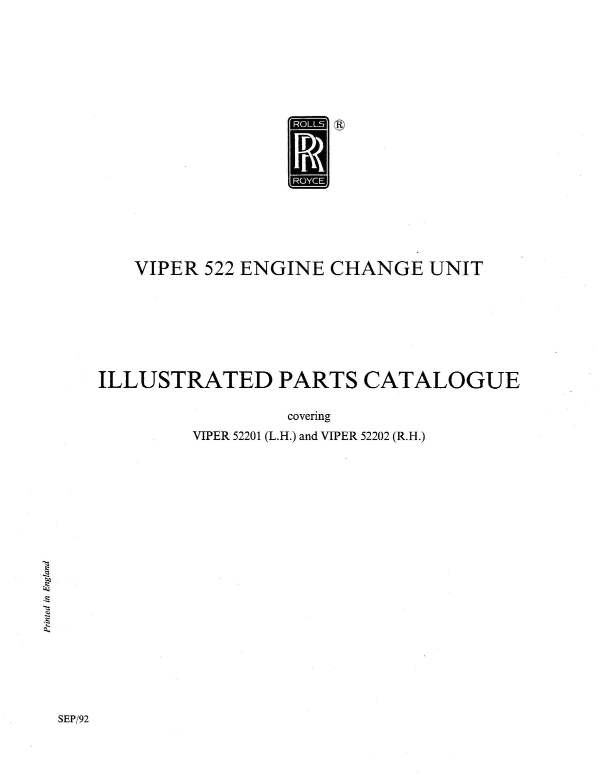 Rolls Royce Viper 522 Engine Change Unit Illustrated Parts Catalog (RR ...