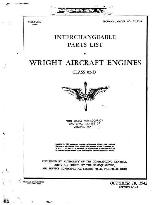 Wright Aeronautical Class 02-D 1942 Interchangeable Parts List (02-35-4)