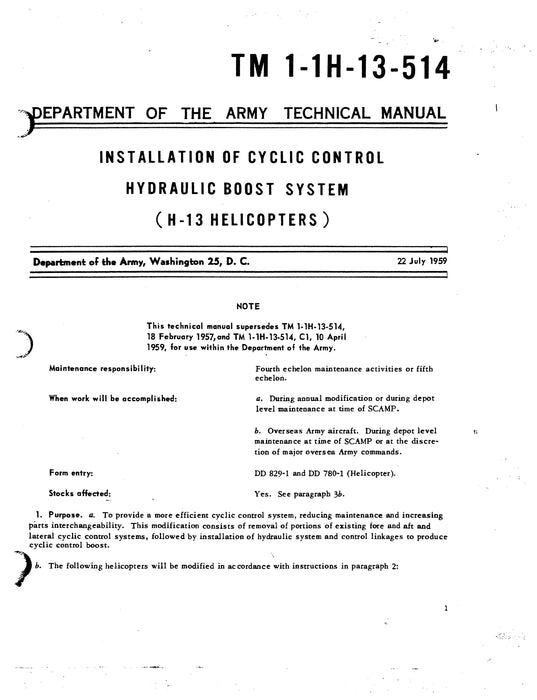 Bell Helicopter H-13C, D, E, G  Installation of Cyclic Control Hydraulic Boost System T.O. 1-1H-13-514