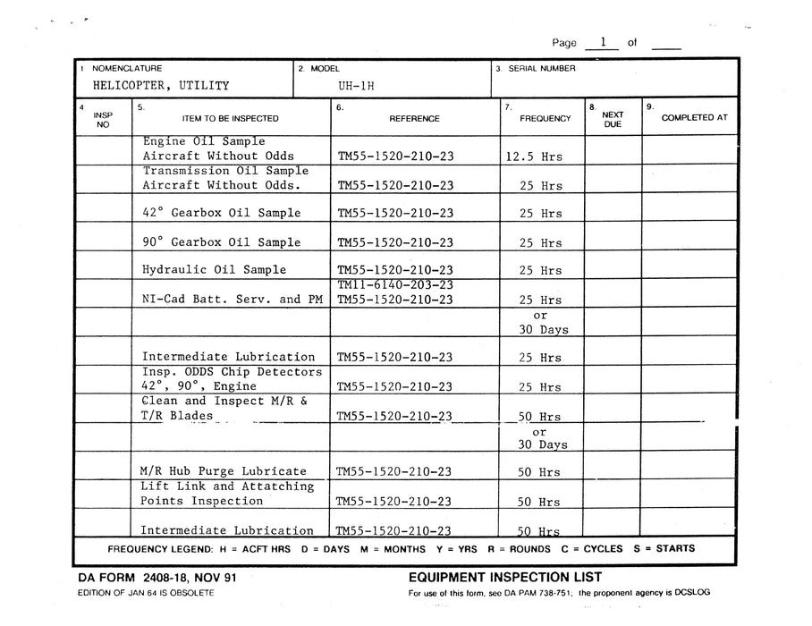 Bell Helicopter UH-1H Series Equipment Inspection List