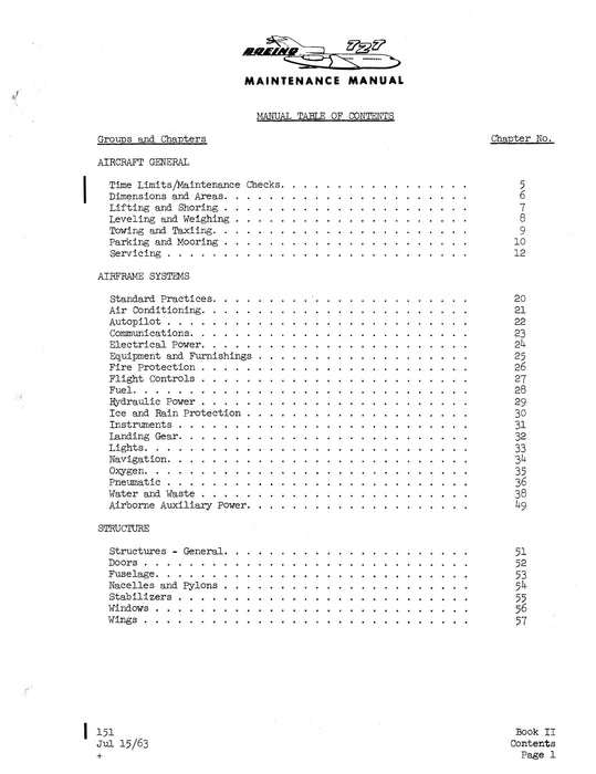 B727 Checklist Boeing 727 Boeing Maintenance Manual (BO727-M-C) — Essco Aircraft