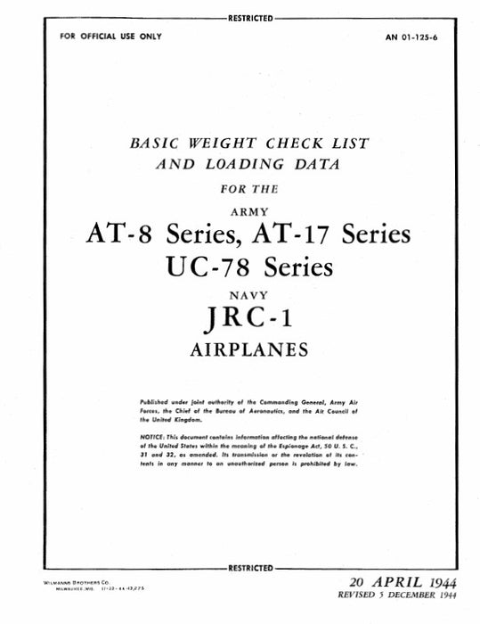 Cessna AT-8,17 & UC-78 Series Army Basic Weight Checklist & Loading Data (TO-#-01-125-6)