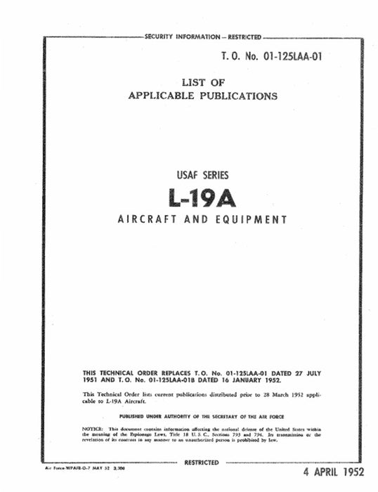Cessna L-19A Series 1952 List of Applicable Publications (01-125LAA-01)
