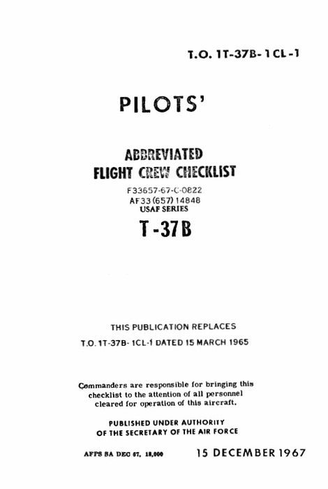 Cessna T-37B Series 1967 Pilot's Checklist (1T-37B-1)