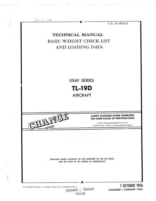 Cessna TL-19D Series 1956 Basic Weight Check List & Loading Data (1L-19(T)D-5)