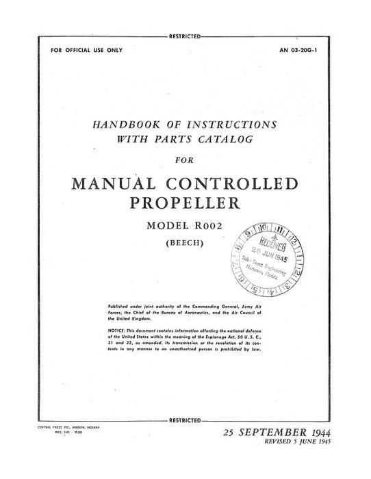 Beech R002 Manual Controlled Prop Handbook of Instructions With Parts Catalog (03-20G-1)