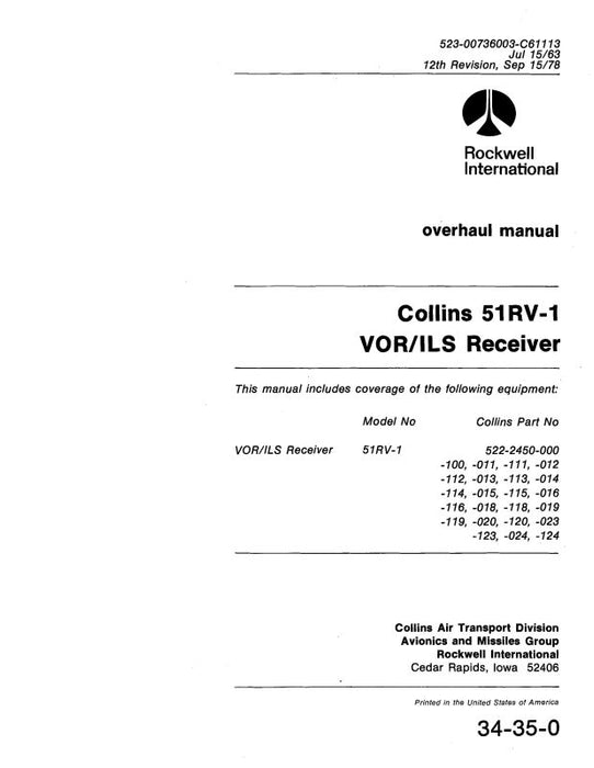Collins 51RV-1 VOR-ILS Receiver 1963 Overhaul Manual (523-00736003-C6)