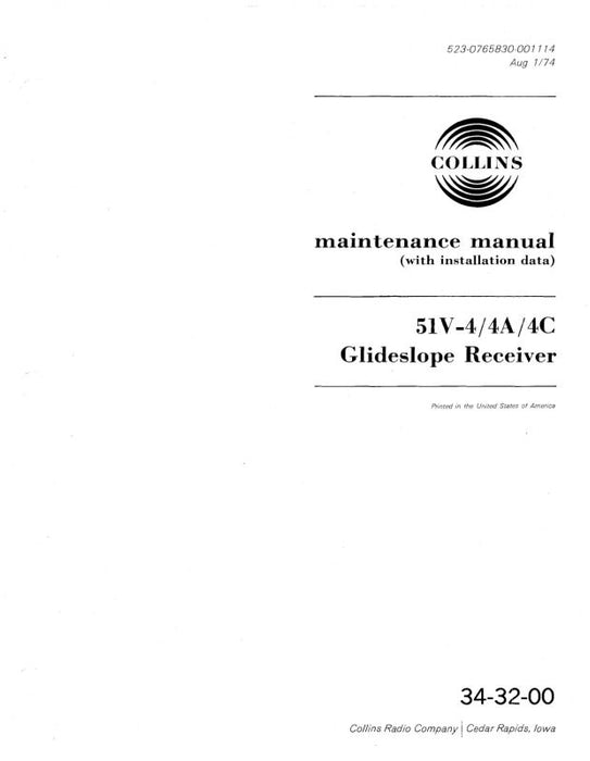 Collins 51V-4-4A-4C Glidescope Receiver Maintenance Manual with Installation Data (523-0765830-001)
