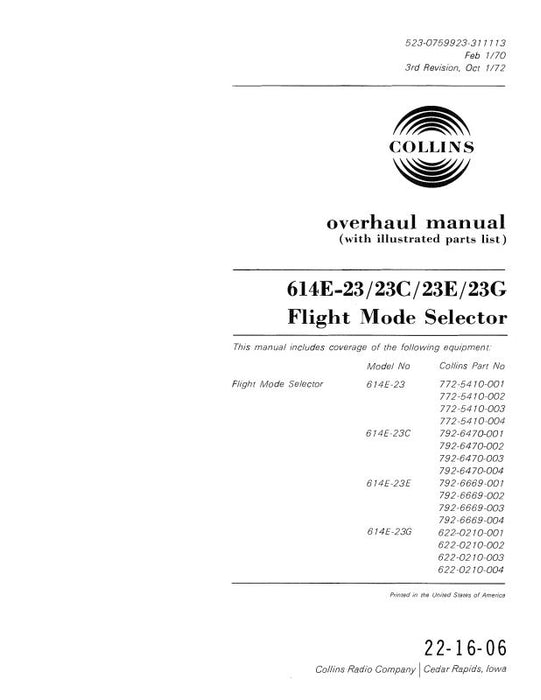 Collins 614L-11-12-13 ADF Control Unit Overhaul Manual with Illustrated Parts List (523-0762368-401)