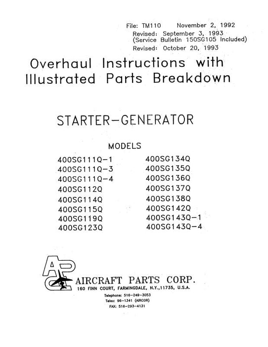 Aircraft Parts Corp. Starter-Generator 1992 Overhaul Instructions with Illustrated Parts (TM110)