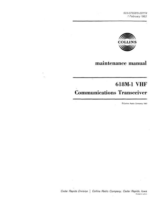 Collins 618M-1-1( ) VHF Comm Transceiver Maintenance Manual with Installation Data (523-0755815-101)