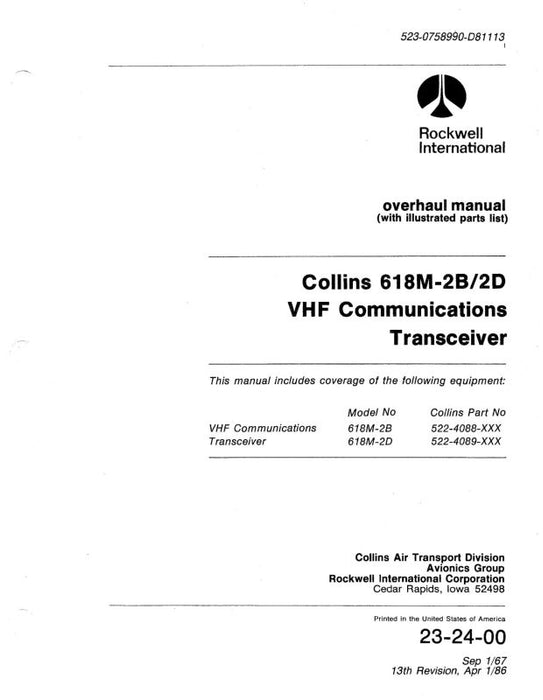 Collins 618M-2B,2D VHF Comm 1986 Overhaul with Illustrated Parts (523-0758990-D81)