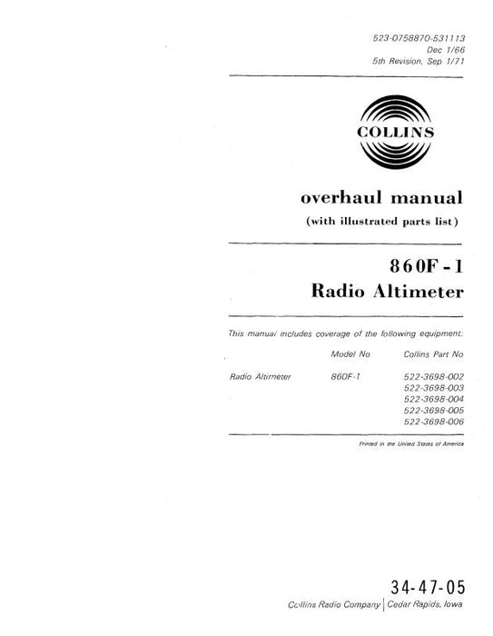Collins 860F-1 Radio Altimeter Overhaul With Parts List (523-0758870-531)