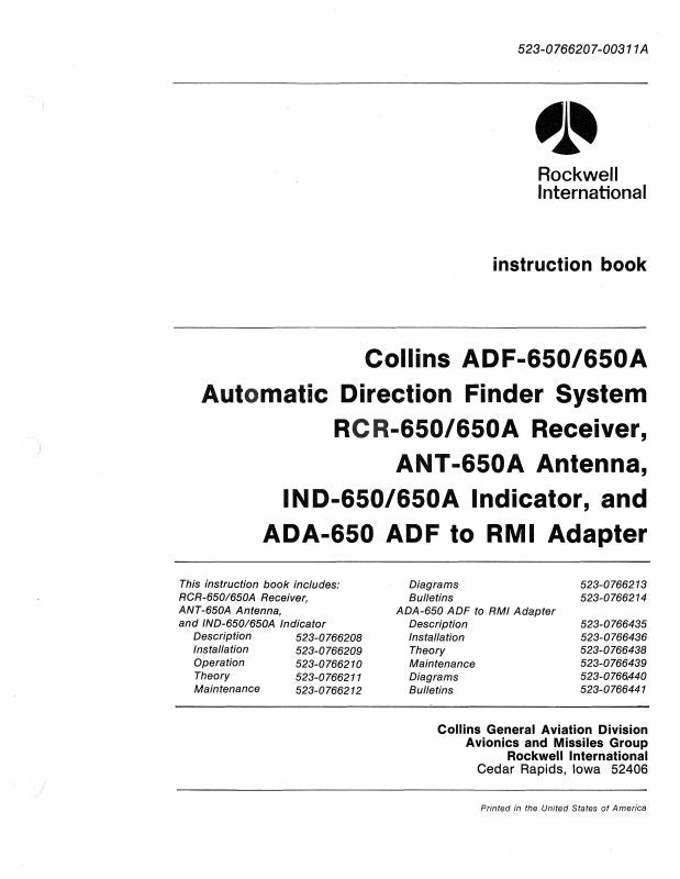 Collins ADF-650 ADF Receiver 1977 Instruction Book (523-0767919-001 ...