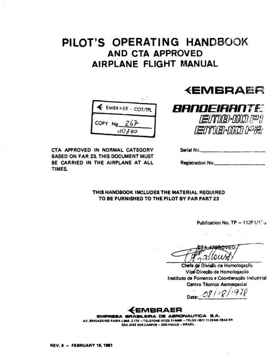 Embraer EMB110 K1, P1, P2 Pilot's Operating Manual