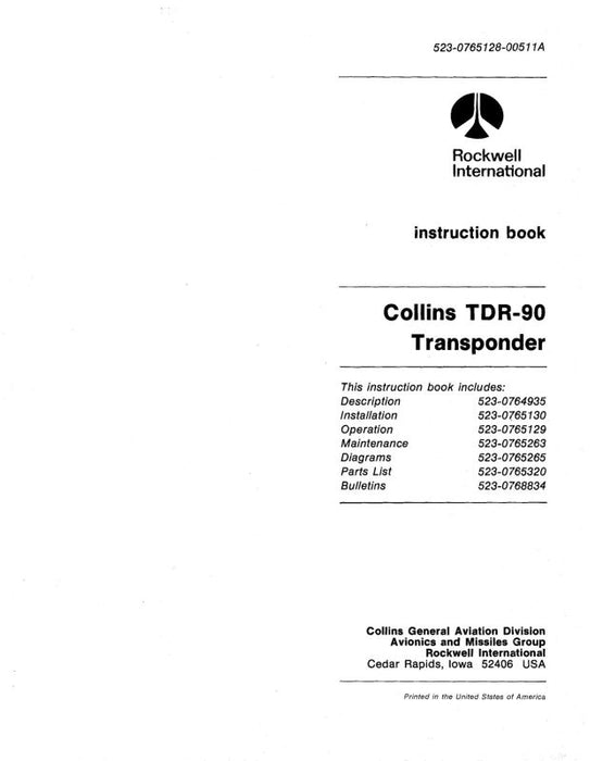 Collins TDR-90 Transponder 1978 Instruction Book (523-0764935-004)