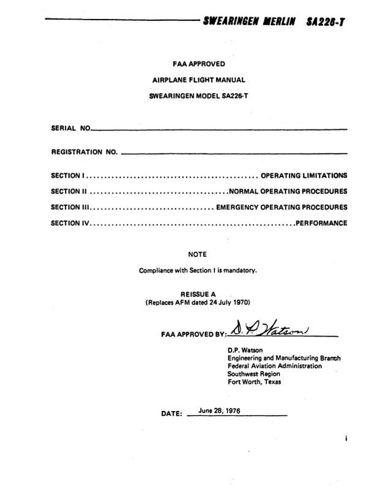 Merlin Aircraft SA-226T Merlin III Flight Manual