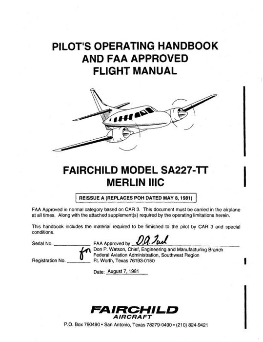 Merlin Aircraft SA227-TT Merlin IIIC 1981 Pilot's Operating Handbook & Flight Manual