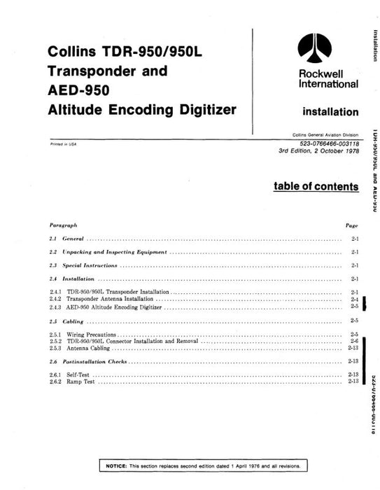 Collins TDR-950-950L Transponder 1976 Instruction Book (523-0766465-002)