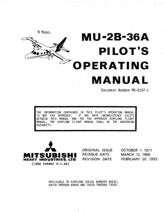Mitsubishi Heavy Industries MU-2B-36A 1977 Pilot's Operating Manual
