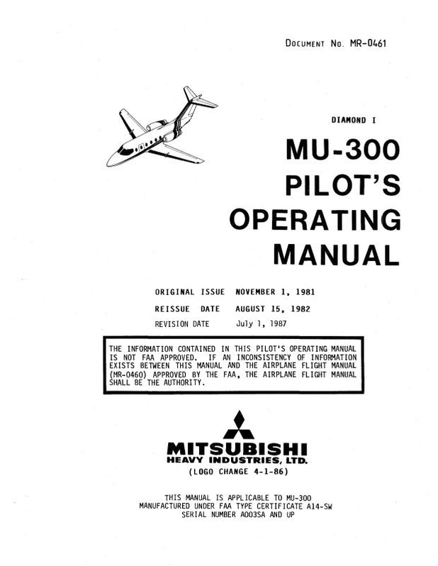Mitsubishi Heavy Industries MU-300 Diamond I 1981 Pilot's Operating Ma ...